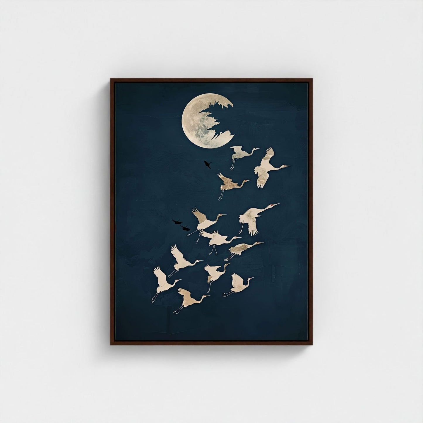Moon Birds Night Sky Framed Wall Art Canvas Print - Minimalist Surreal Nature Artwork