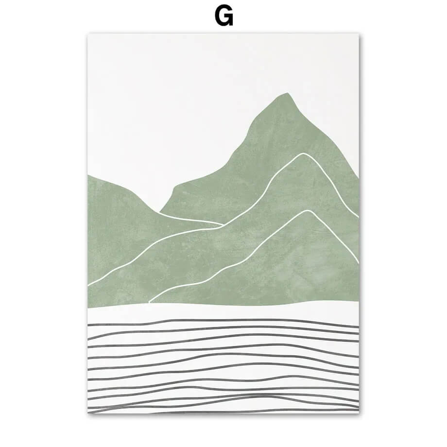 Poster with green mountain and wave design on a white background