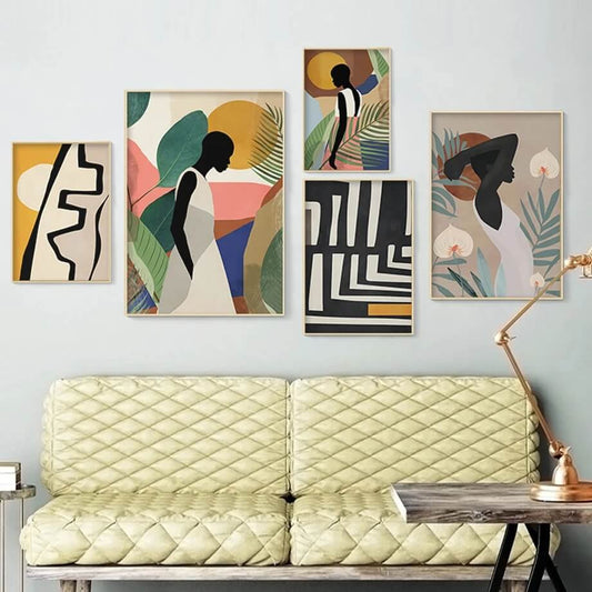 Abstract African Woman Flower Leaves Canvas Prints Wall Art Nordic Large Posters For Living Room Home Décor