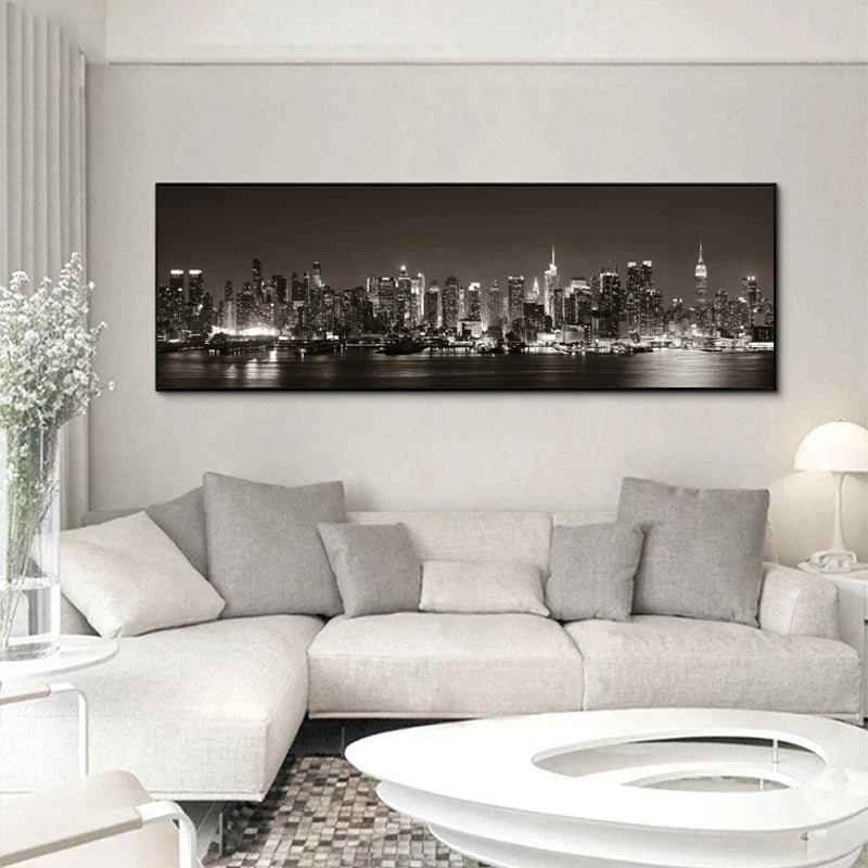 New York Nights Cityscape Wall Art Canvas Prints Wide Format Landscape Poster For Above The Sofa Wall Decor