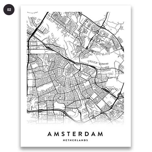 Amsterdam City Map Black White Wall Art Canvas Print Travel Poster For Living Room Dining Room Home Office Decor