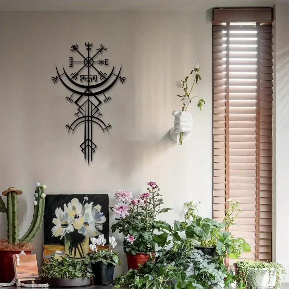 Ancient Viking Runic Compass Metal Wall Art Decorative Plaque 3D Iron Crafted Mythological Wall Decoration