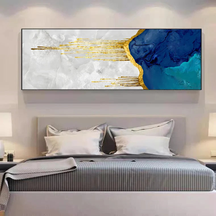 Aqua Blue Liquid Golden Wall Art Canvas Print Vertical Format Poster For Living Room Bedroom Modern Wall Art Interiors