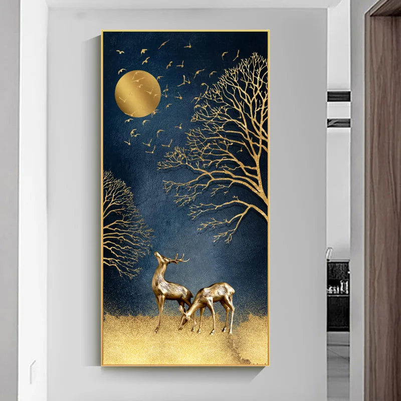 Auspicious Abstract Golden Deer In The Moonlight Wall Art Canvas Prints For Foyer Living Room Wall Decor