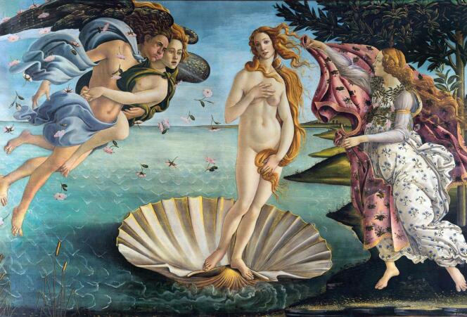 Famous painting of the 'Birth of Venus' with classical figures and shell.