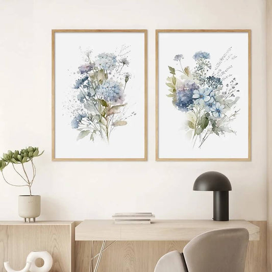 Blue Flowers Watercolor Wall Art Canvas Prints Minimalist Modern Large Poster Floral Picture For Living Room Bedroom Aesthetic Home Décor