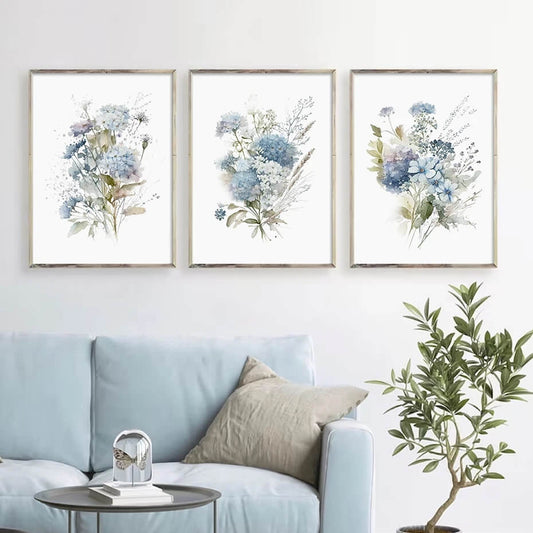 Blue Flowers Watercolor Wall Art Canvas Prints Minimalist Modern Large Poster Floral Picture For Living Room Bedroom Aesthetic Home Décor