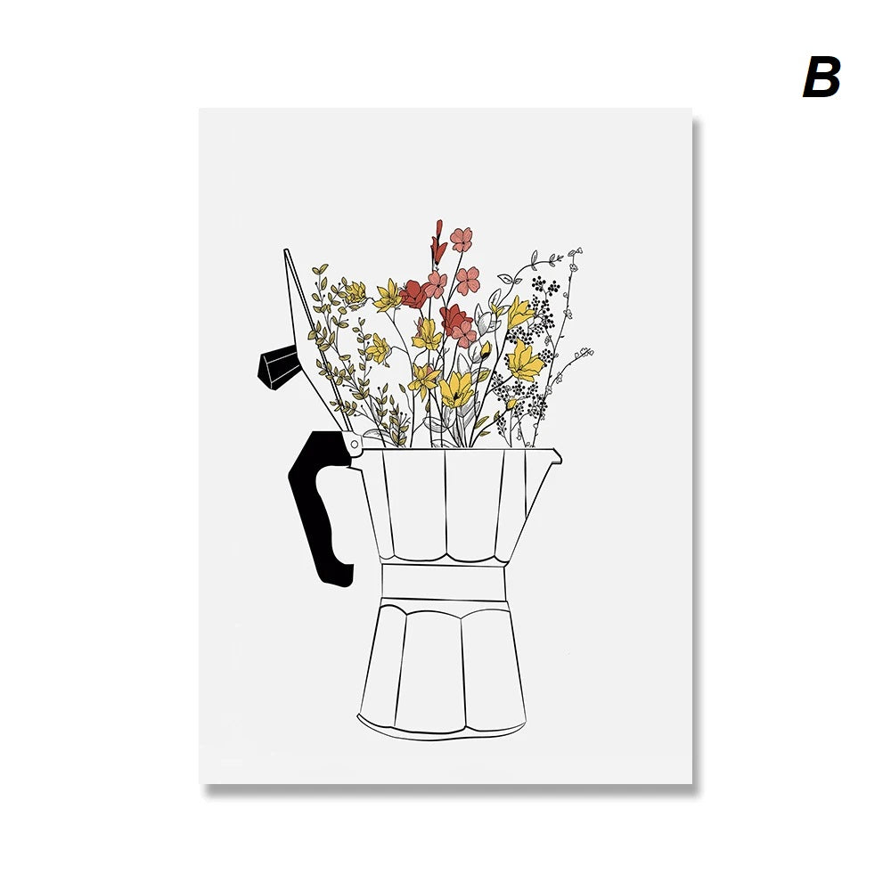 Coffee Lover Cup Flowers Minimalist Line Wall Art Canvas Prints For Modern Kitchen Dining Room Coffee Shop Wall Décor