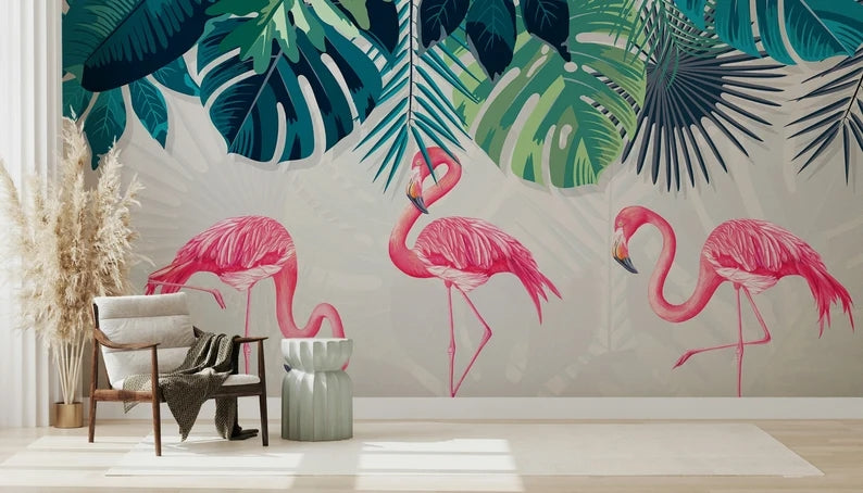 Flamingo under the Tropical Leaves Mural Wallpaper (SqM)