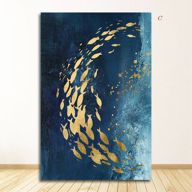 Golden Fish in Abstract Azure Sea By Night Canvas Print | Contemporary Fine Art For Modern Home Office Interior Décor