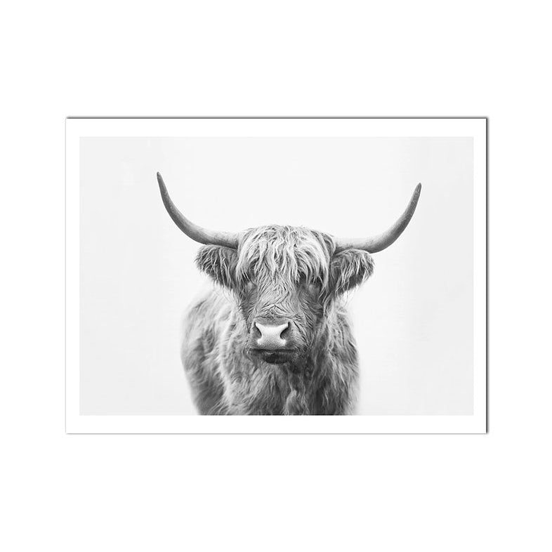 Scottish Highland Cattle Cactus Canvas Prints | Black and White Animal Plant Poster Nordic Wall Art Pictures for Living Room Modern Décor