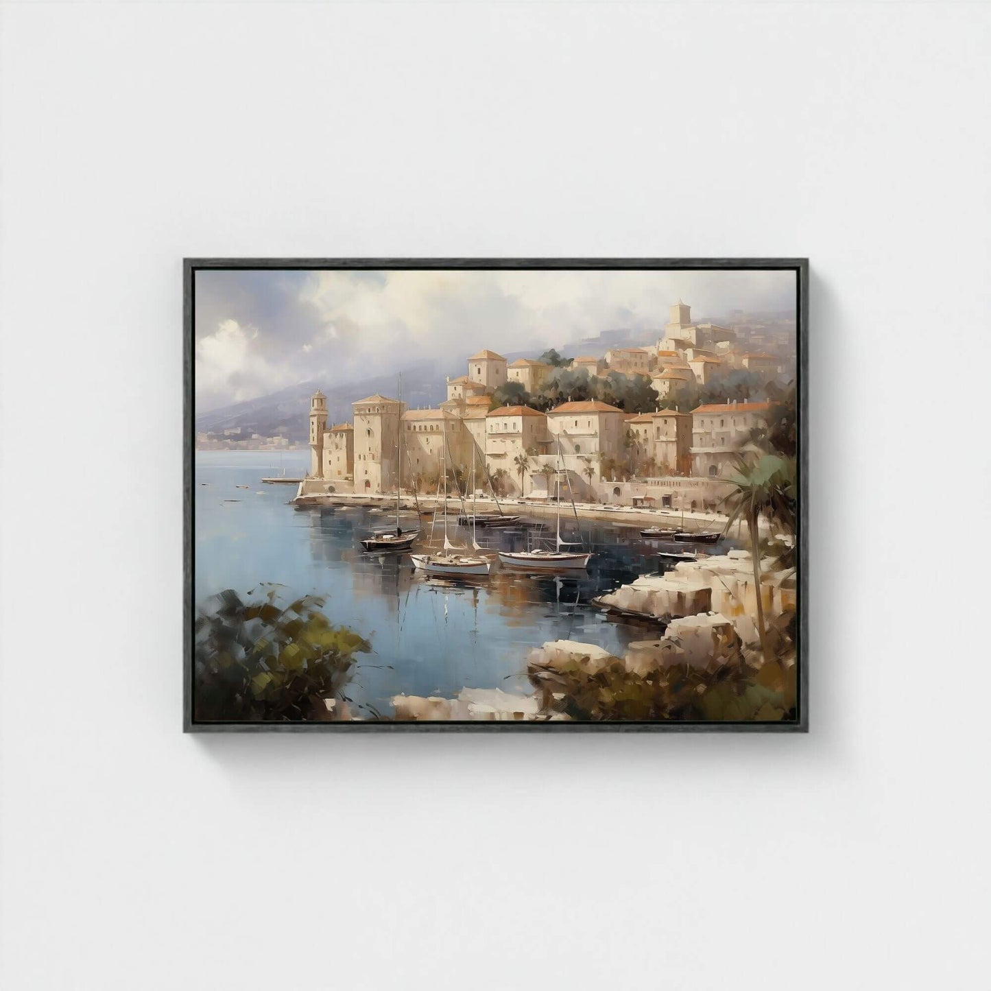 European Harbor Village Painting Framed Wall Art - Coastal Wall Decor Canvas Print