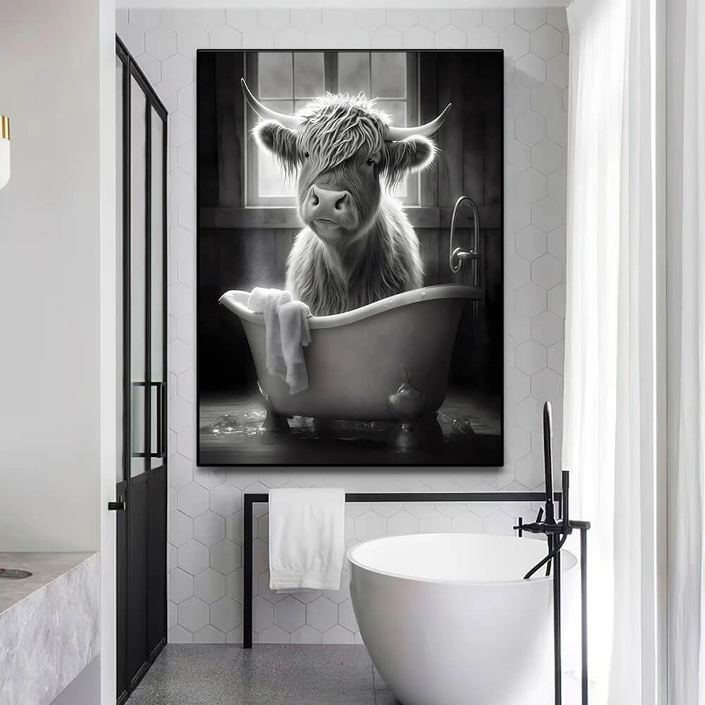 Funny Highland Cow On Toilet Canvas Print Wall Art For Bathroom Office ...
