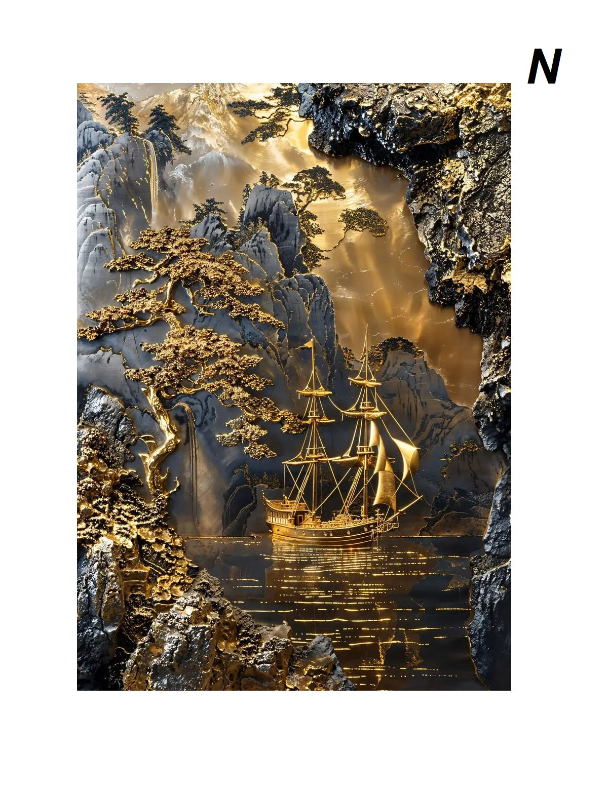 Golden Lotus Canvas Wall Art Luxury Nature-Inspired Décor With Moon Mountains Waves Floral Motifs for Elegant Spaces Living Room