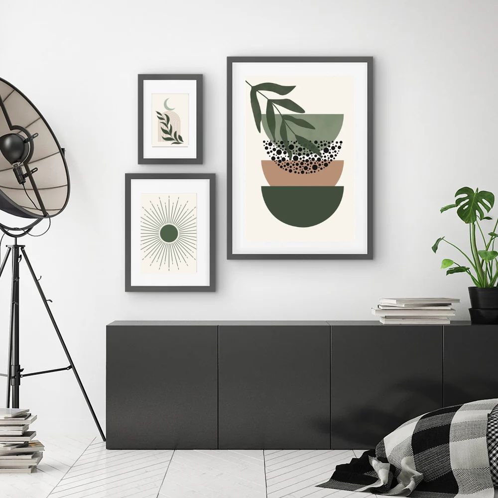 Green Palm Leaves Sun Bohemian Abstract Wall Art Minimalist Canvas Print Gallery Wall Art Set Of 3 Posters For Modern Living Room Home Decor