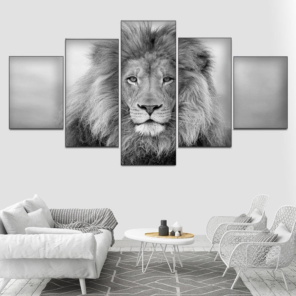 Black & White Lion Wall Art (Set of 5pcs) Canvas Prints Modular Lifestyle Poster For Living Room Modern Home Office Decor