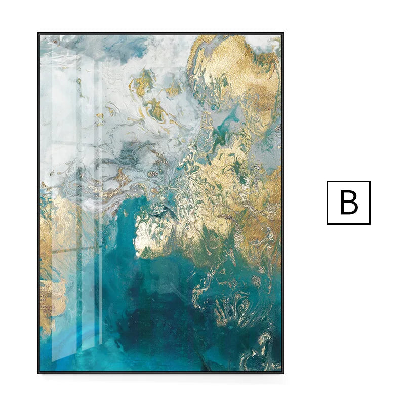 Abstract Aqua Blue Jade Golden Liquid Marble Wall Art Fine Art Canvas Prints For Luxury Living Room Art Decor