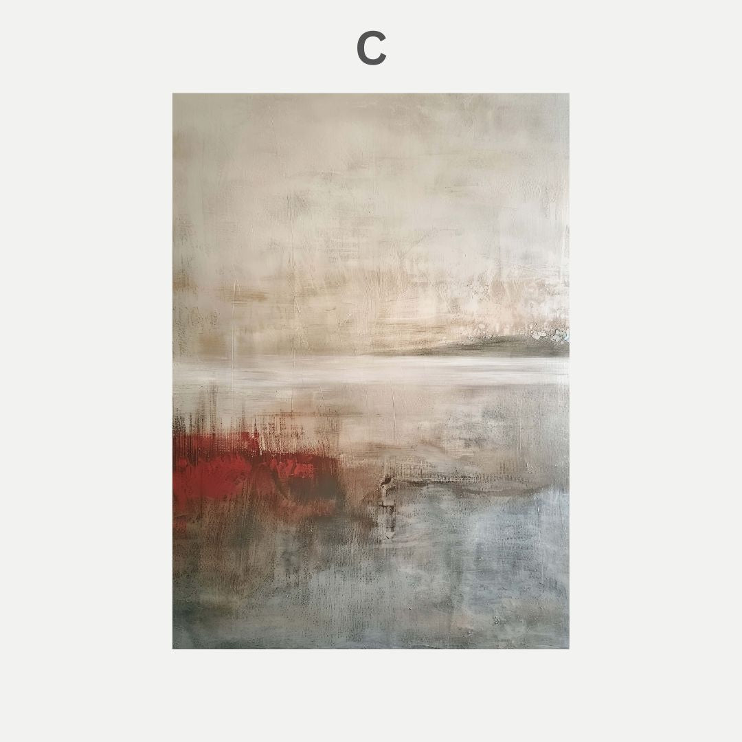 Abstract painting with earthy tones on a light gray background