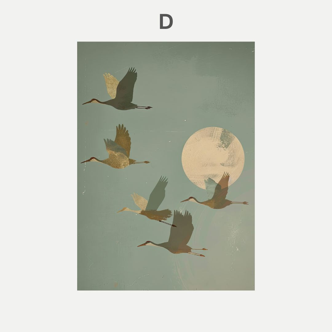 Illustration of cranes flying with a moon in the background on a greenish-blue gradient.