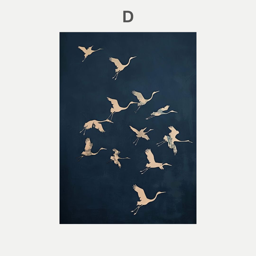 Illustration of cranes flying on a dark blue background