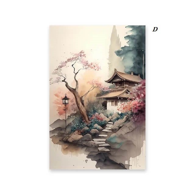 Japanese Style Landscape Wall Art Watercolor Aesthetic Canvas Print Nature Pictures For Modern Living Room Bedroom Home Décor
