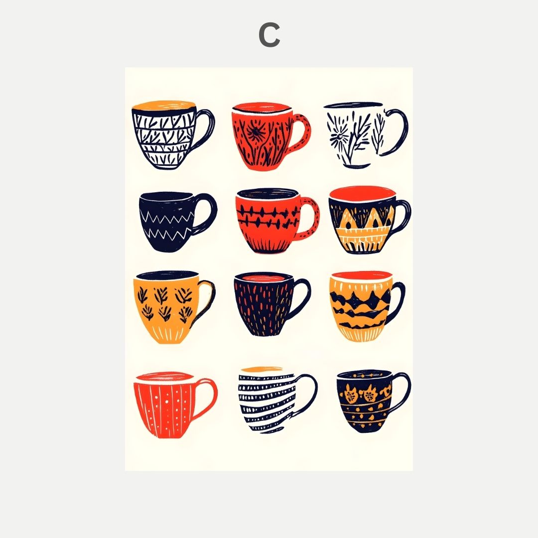 Set of colorful mugs with various patterns on a white background
