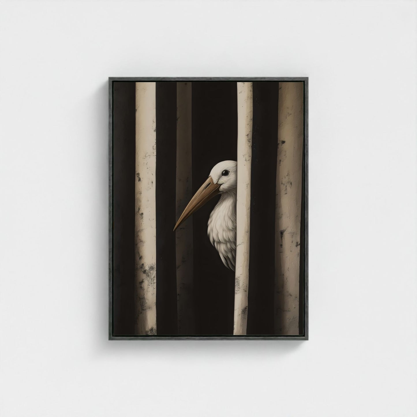Minimalist Pelican Bird Framed Wall Art Canvas Print – Moody Black White Coastal Animal Artwork