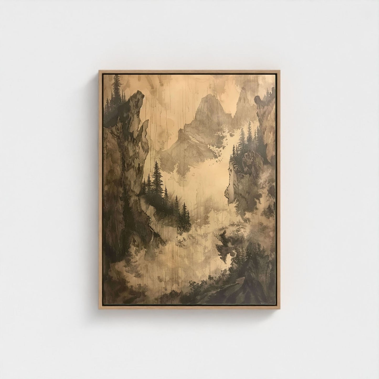 Misty Forest Mountain Monochrome Wall Art Canvas - Framed Vintage Landscape Wall Art