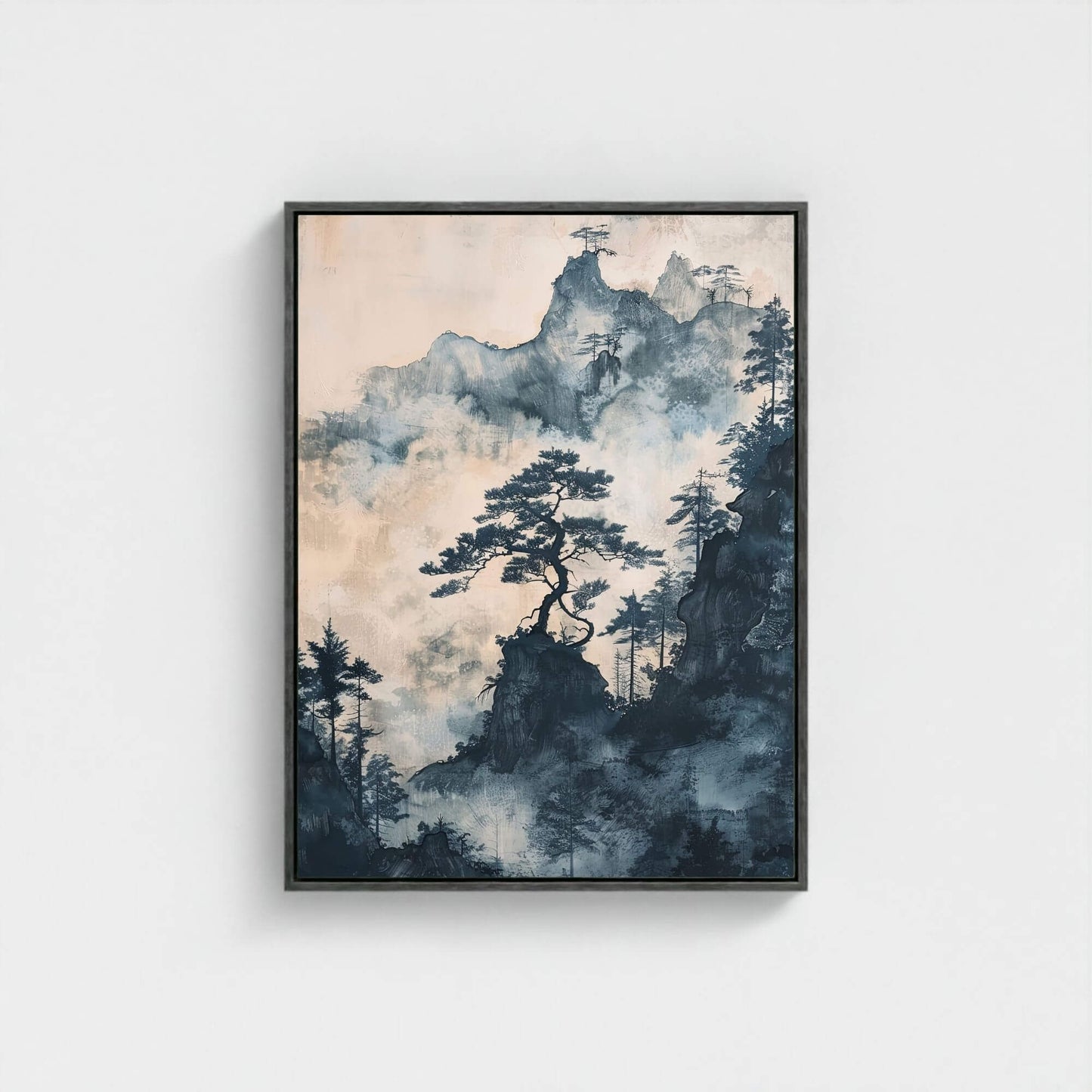 Misty Pine Mountain Framed Wall Art Canvas Print - Asian Nature Landscape Artwork