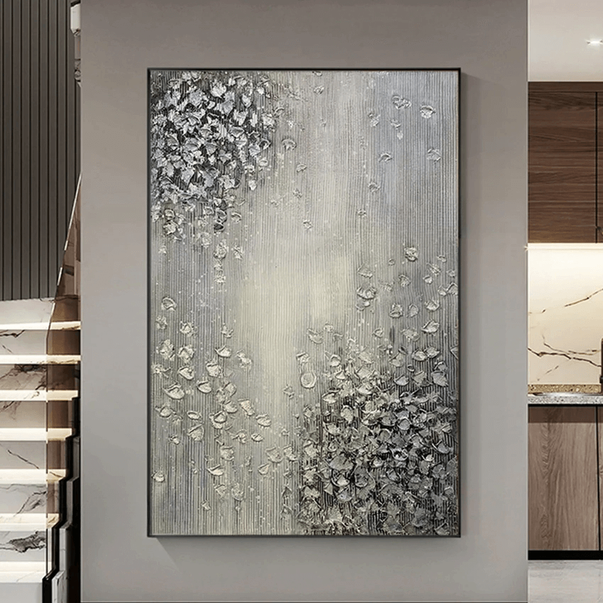 Sleek Modern Abstract Artwork | Hand-Painting 3D Silver & Gray Handmade Canvas Art