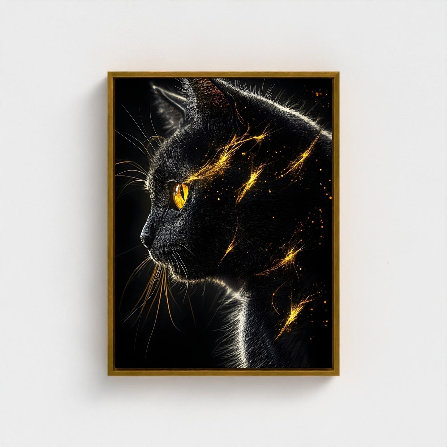 Mystical Black Golden Animal Framed Wall Art Canvas Print - Dark Fantasy Cat Portrait Artwork