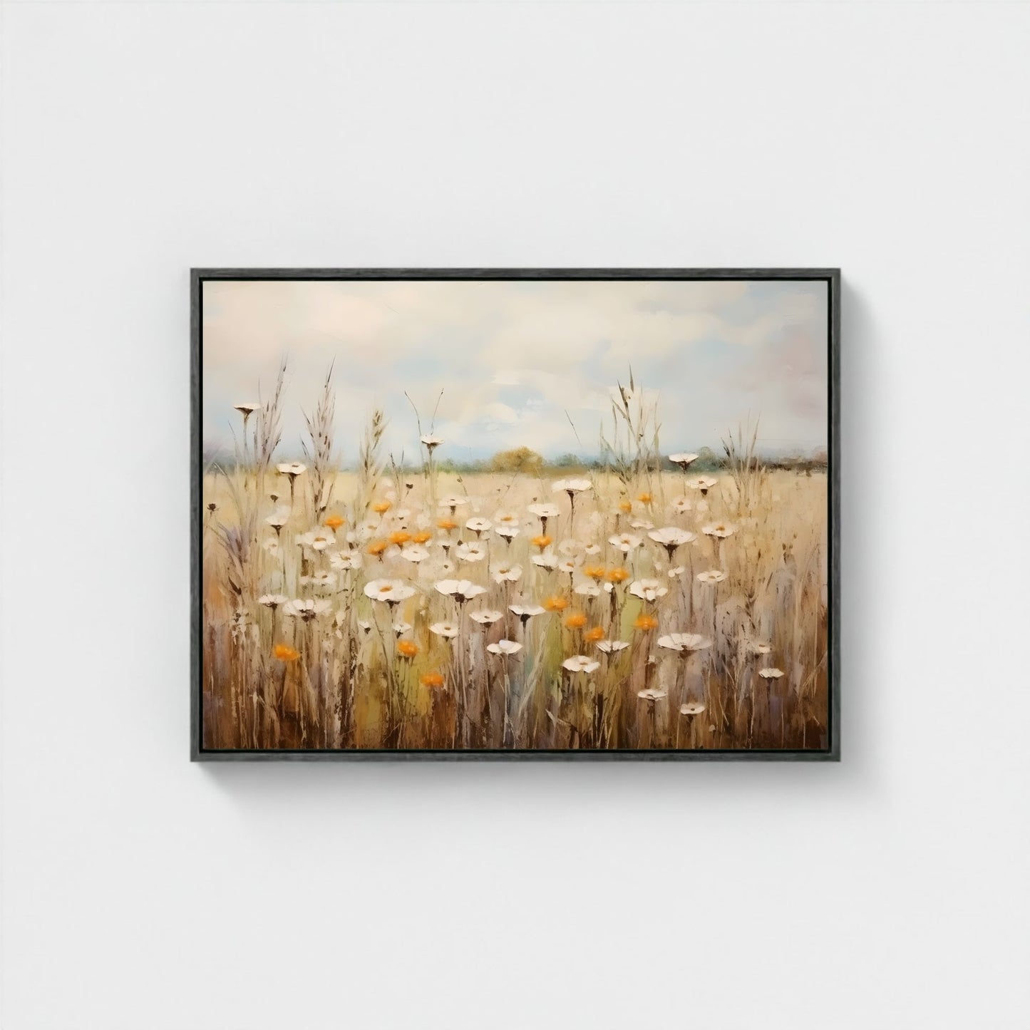 Neutral Daisy Field Framed Wall Art Canvas Print – Soft Wildflower Meadow Artwork for Rustic Farmhouse