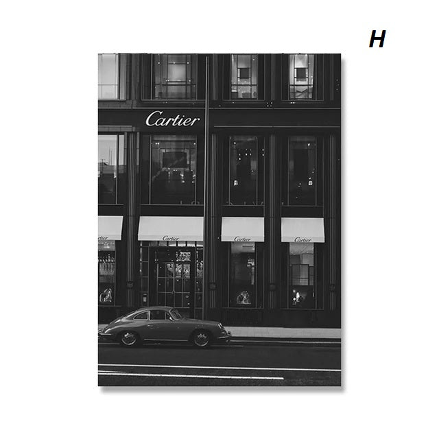 Poster of Black and white photo of a Cartier store front with a vintage car in front.