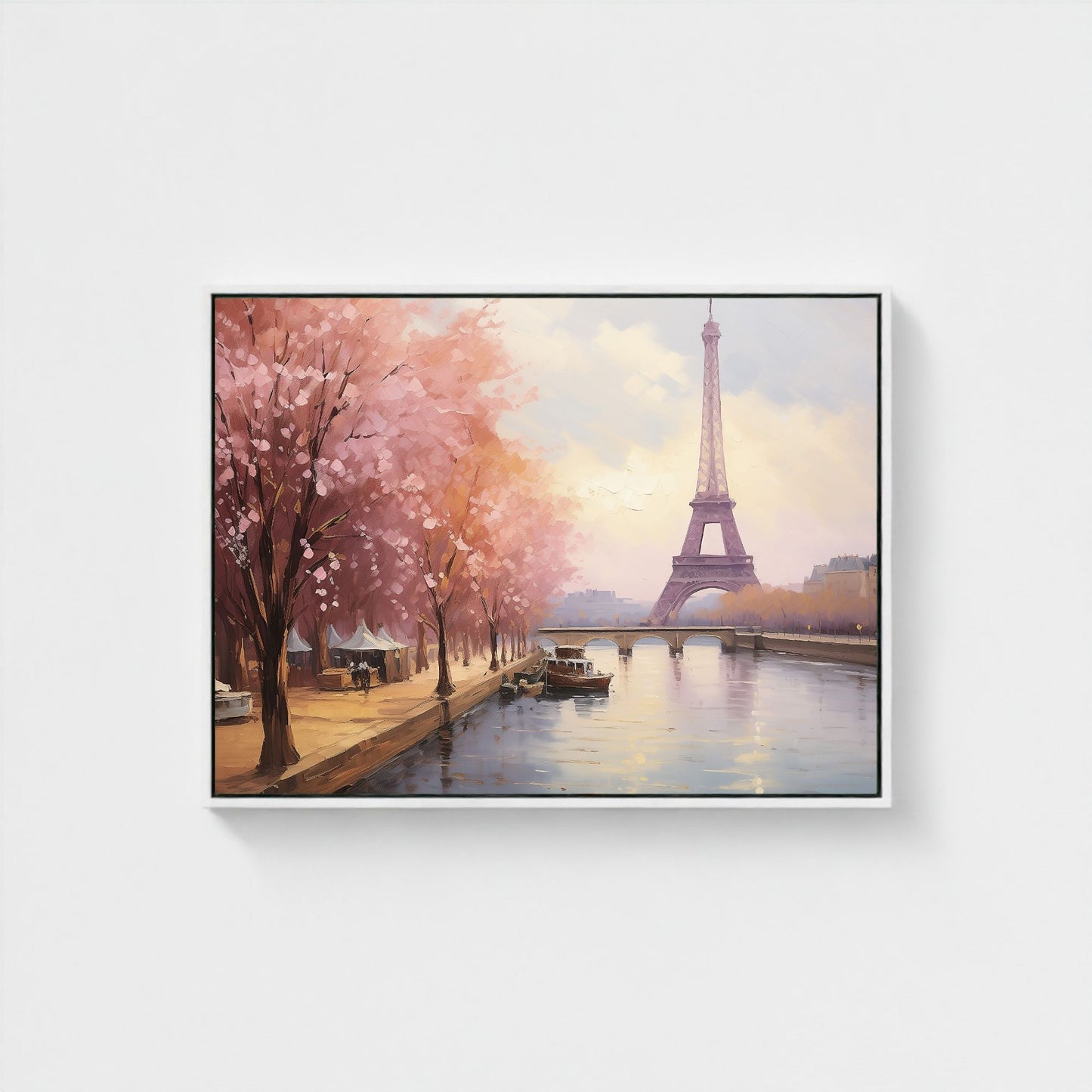 Paris Eiffel Tower Spring Cherry Blossoms Framed Wall Art Canvas Print - Romantic Cityscape Large Artwork