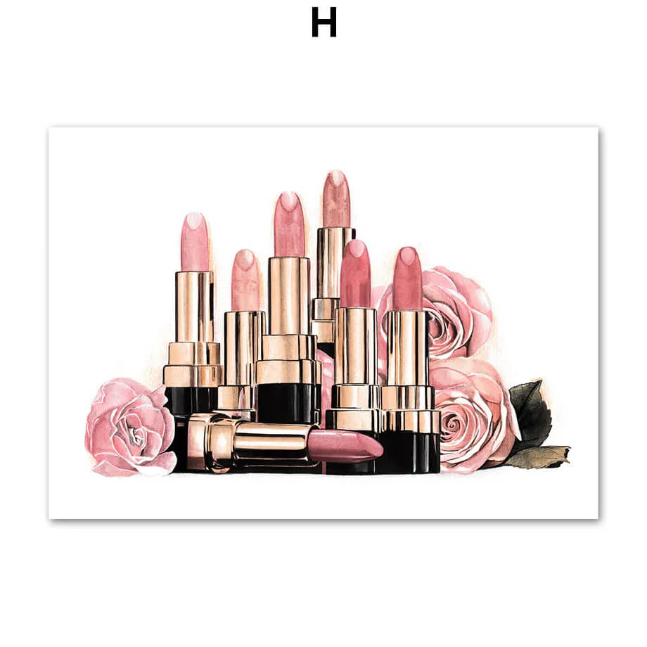 Pink Flower Perfume Lipstick Fashion Makeup Wall Art Canvas Prints Pink Fine Art For Girls Room Bedroom Wall Décor