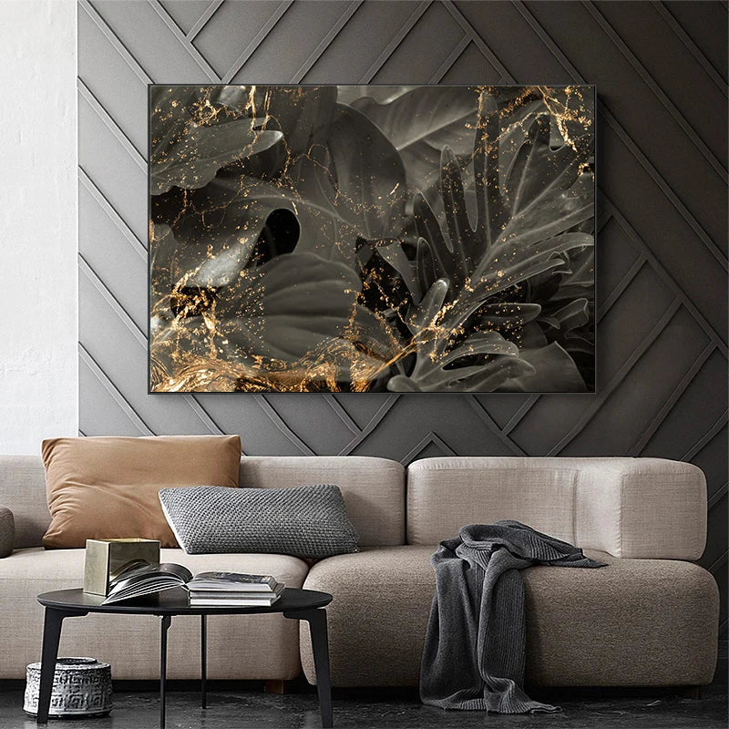 Black Golden Leaves Abstract Wall Art Canvas Prints For Modern Living Room Dining Room Bedroom Luxury Home Decor