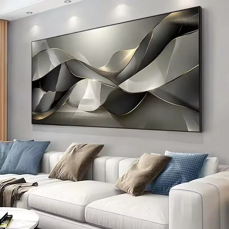 Abstract Black Grey Golden Flowing Geometric Wall Art Canvas Prints For Modern Apartment Living Room Home Office Decor