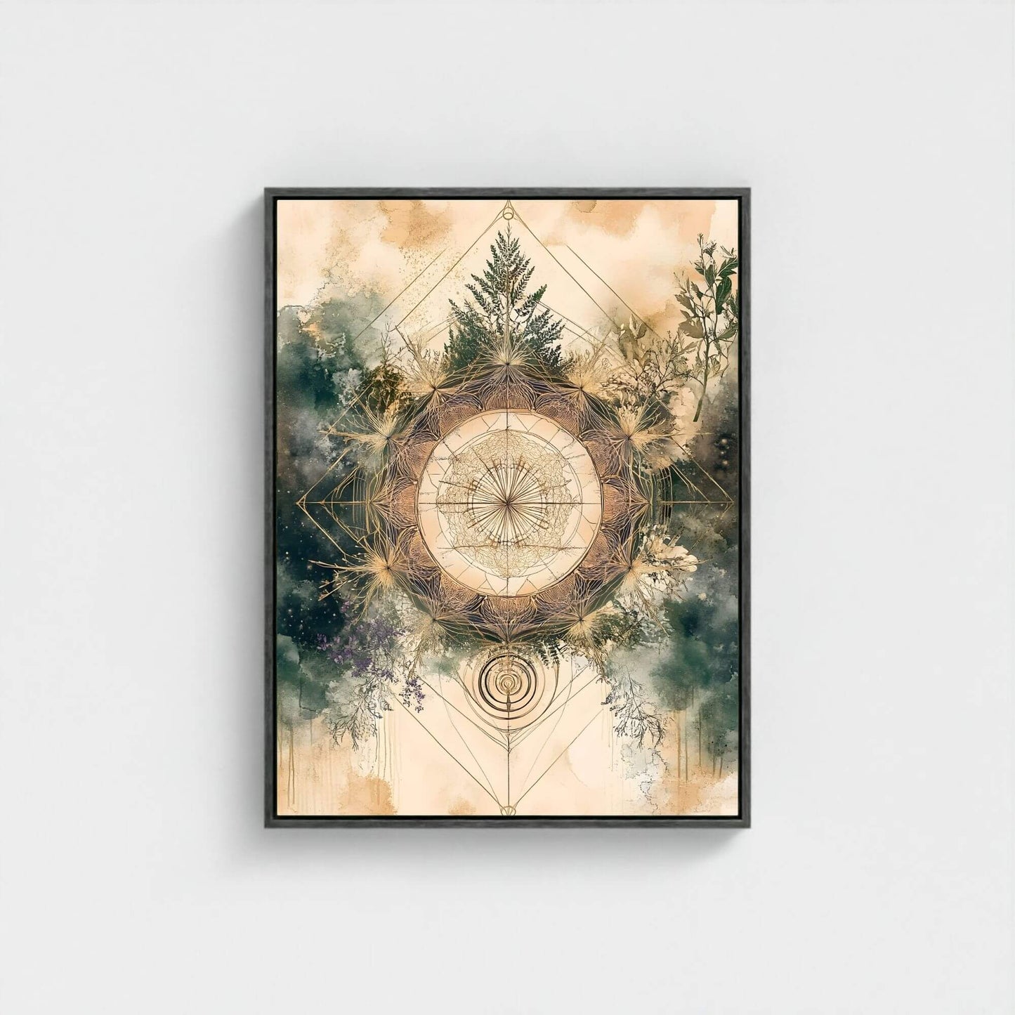 Sacred Geometry Nature Mandala Framed Wall Art Canvas Print - Boho Botanical Spiritual Artwork