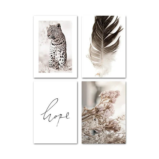 Scandinavian Poster Leopard Feather Flower Nordic Wall Art Wild Animal Fine Art Canvas Prints Modern Home Décor
