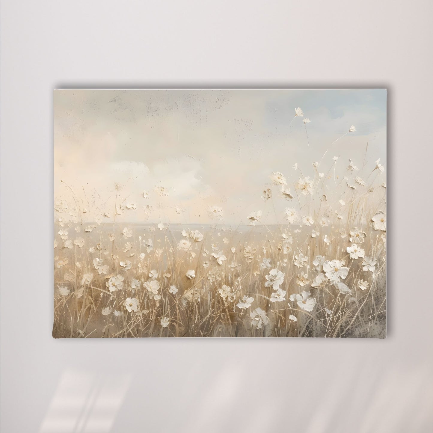 Soft Beige Floral Field Framed Wall Art Canvas Print – Minimalist Neutral Meadow Art