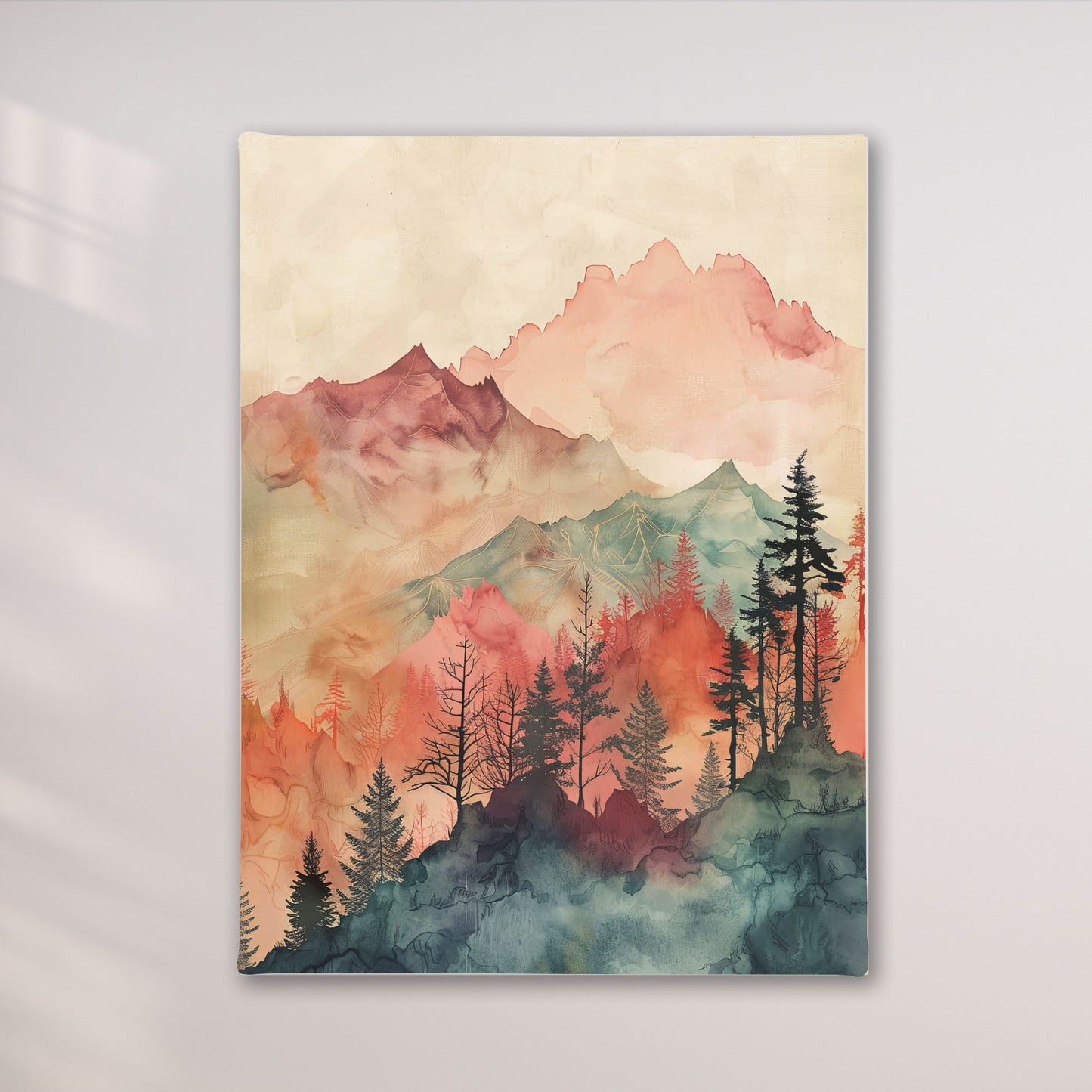 Watercolor Mountain Landscape Wall Art Canvas Print - Framed Modern Nature Wall Art