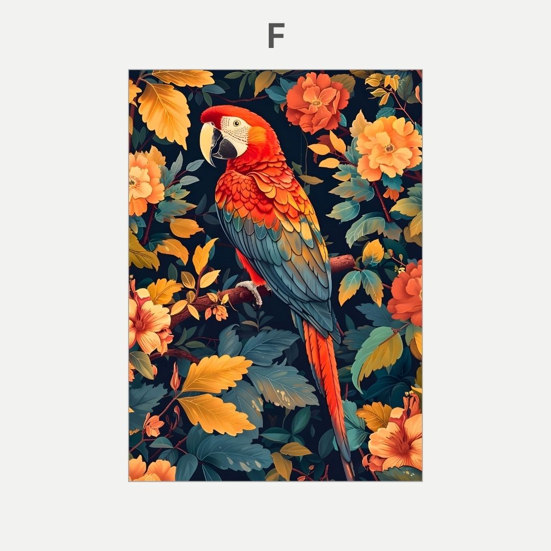 Colorful parrot illustration on a floral background.