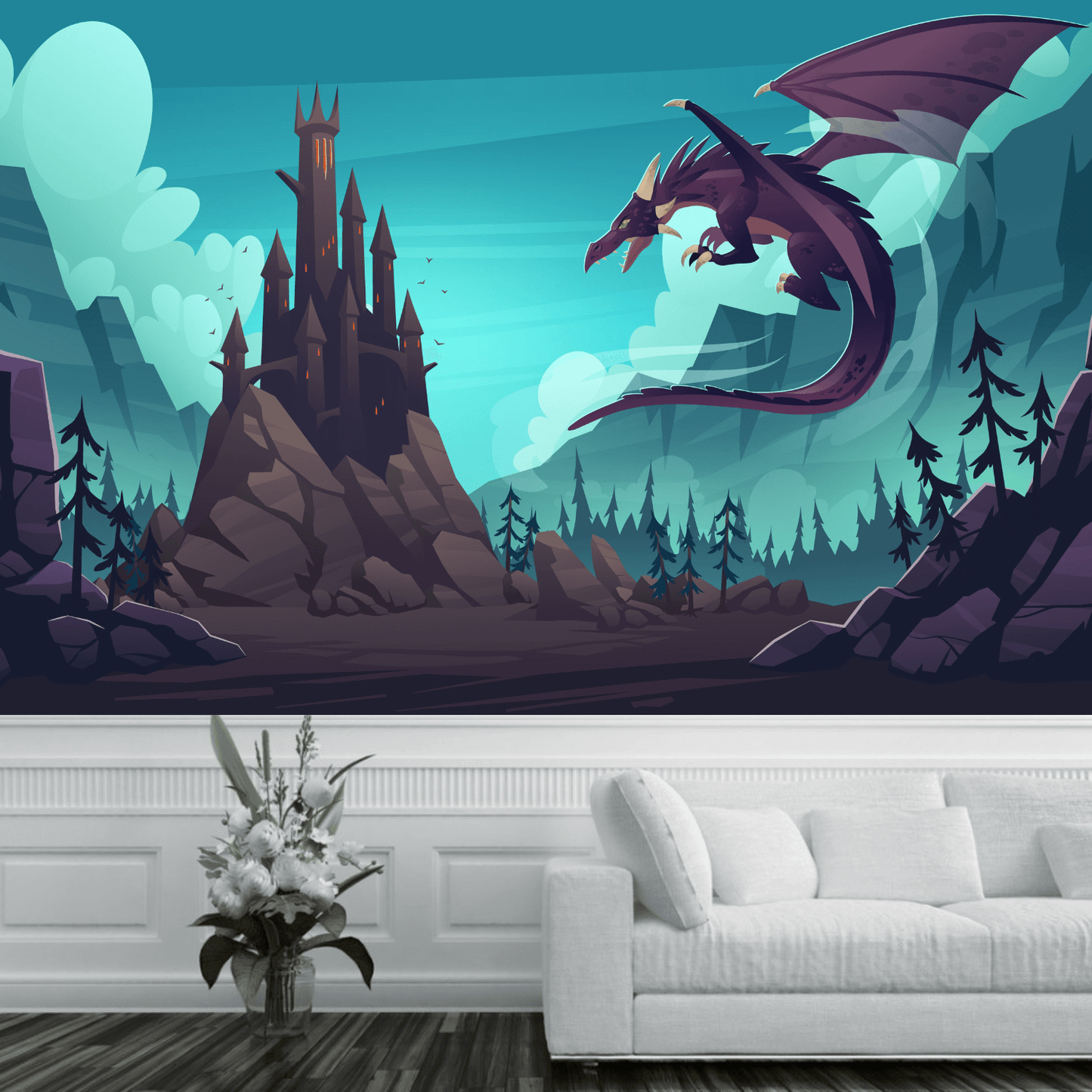 Cartoon Castle Flying Dragon Mural Wallpaper (SqM)