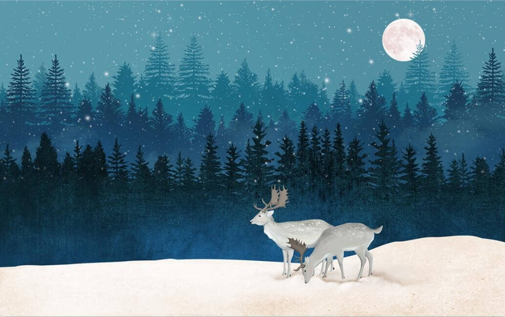 Night Forest Tree Silhouette and Elks Mural Wallpaper (SqM)