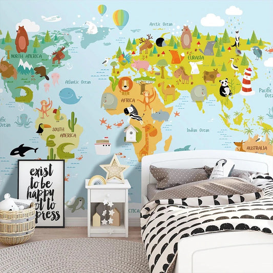 Cartoon Animal World Map Mural Wallpaper (SqM)