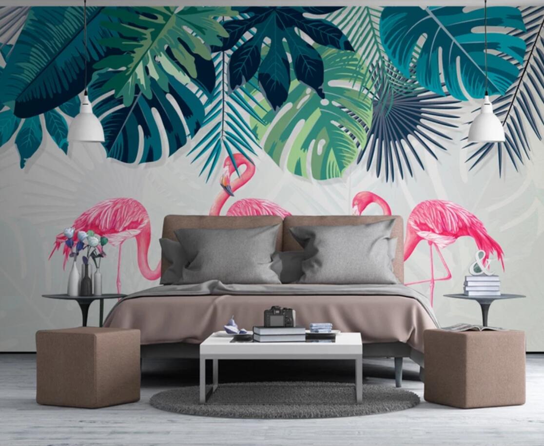 Flamingo under the Tropical Leaves Mural Wallpaper (SqM)
