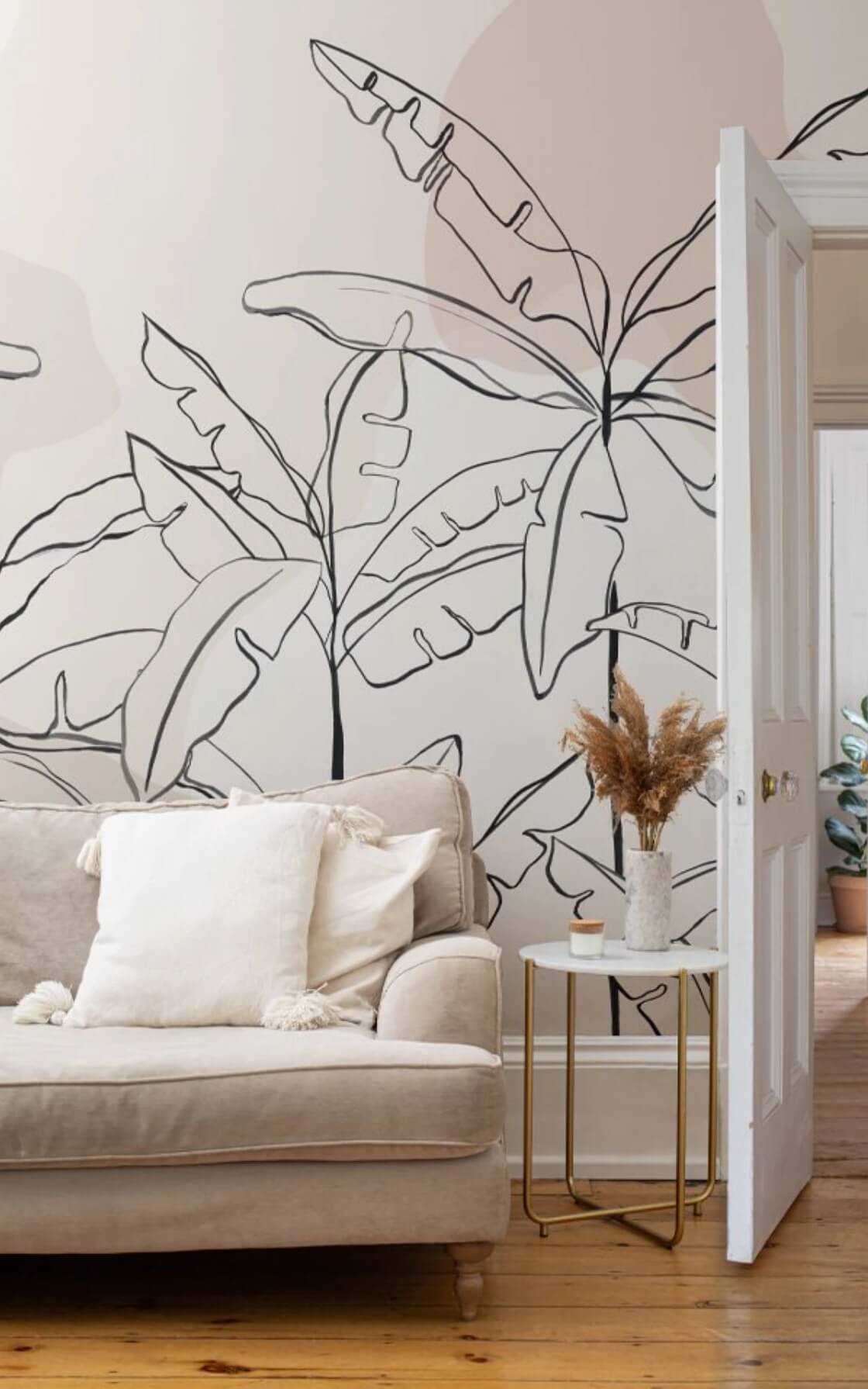Banana Leaves Sketch Pink Mural Wallpaper (SqM)