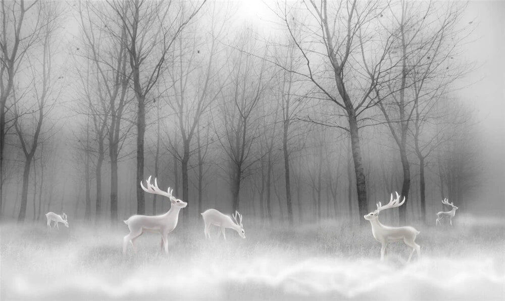 Black and White Elks Misty Forest Mural Wallpaper (SqM)