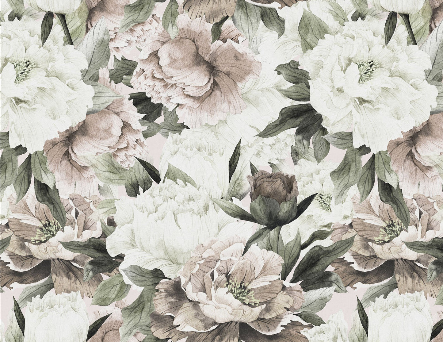 Large peonies in white and pink blush colors with green leaves mural wallpaper for living room