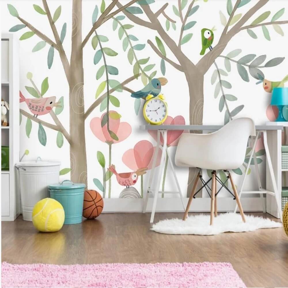 Cartoon Trees and Birds Watercolor Mural Wallpaper (SqM)